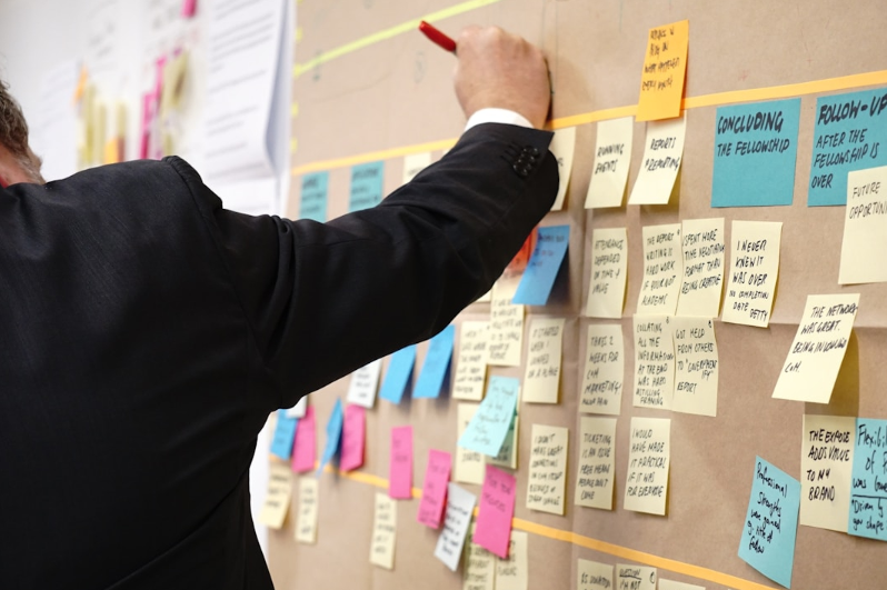 A suited man writes on a board filled with sticky notes, illustrating how to use AI knowledge platform.